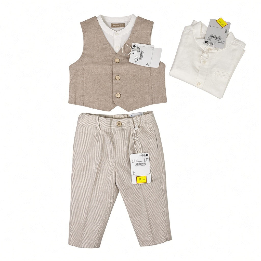 Completo Cerimonia Neonato Mayoral Beige Rigato 3 Pezzi 6 Mesi