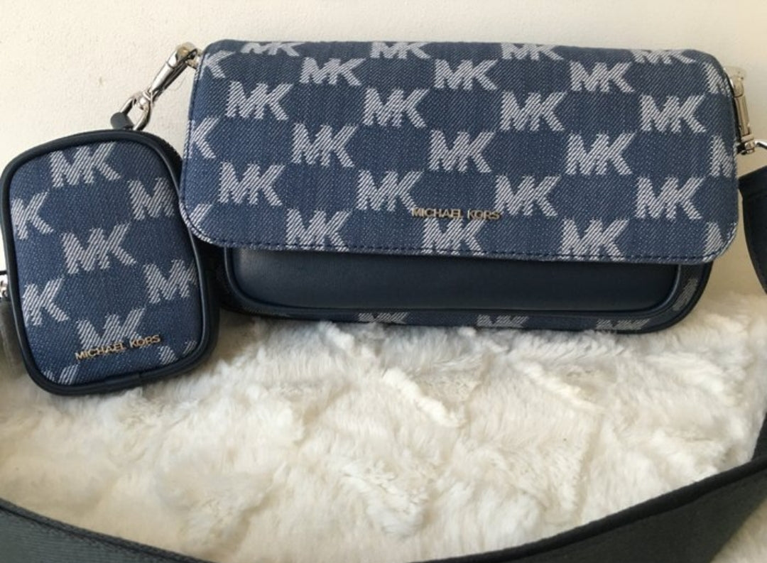 Michael Kors Jet Set Travel Denim Crossbody Bag con Pouch | Nuova