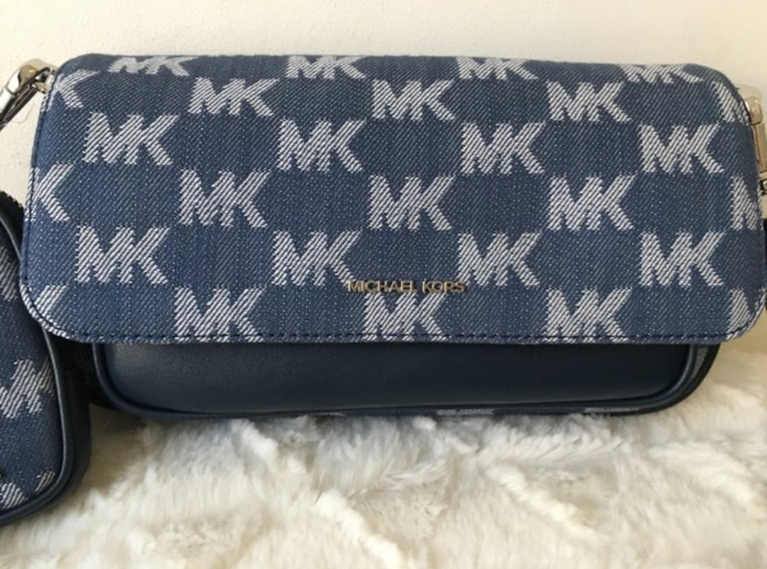Michael Kors Jet Set Travel Denim Crossbody Bag con Pouch | Nuova