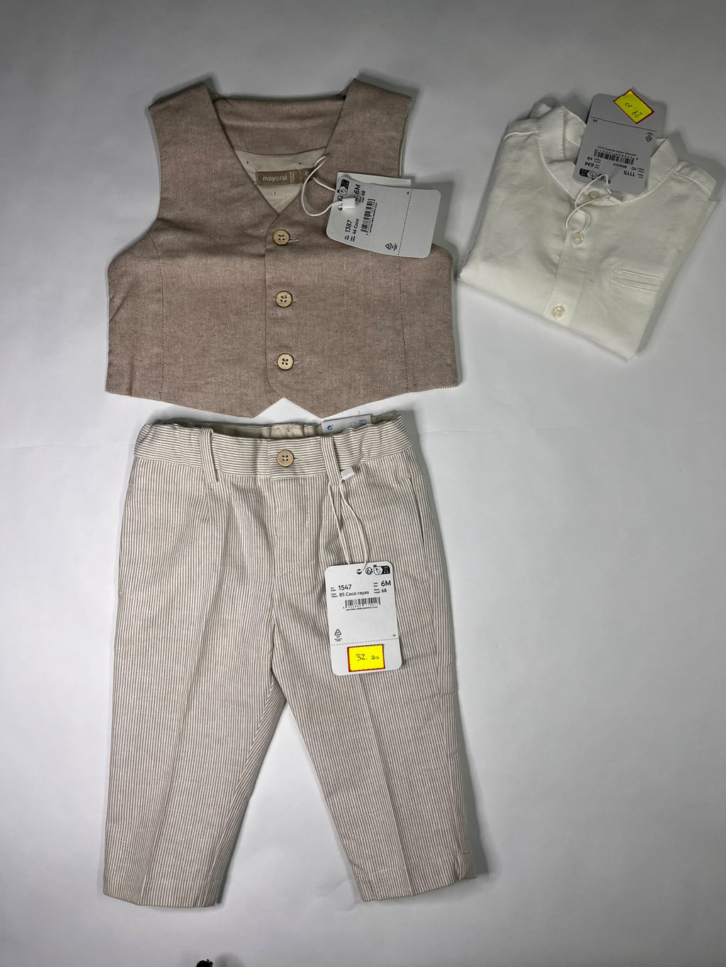 Completo Cerimonia Neonato Mayoral Beige Rigato 3 Pezzi 6 Mesi