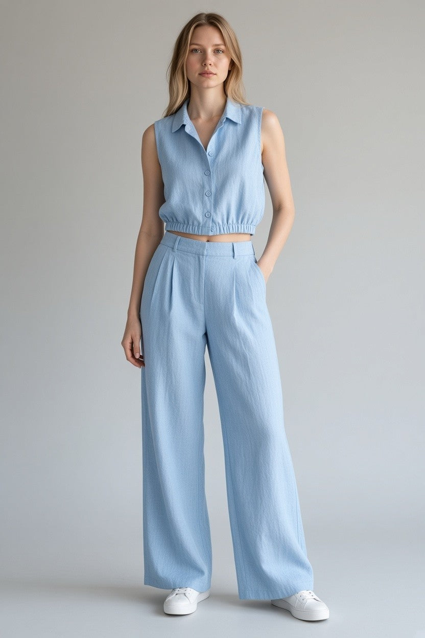 Completo Donna Zara Azzurro Top Crop e Pantaloni Palazzo | Taglia S
